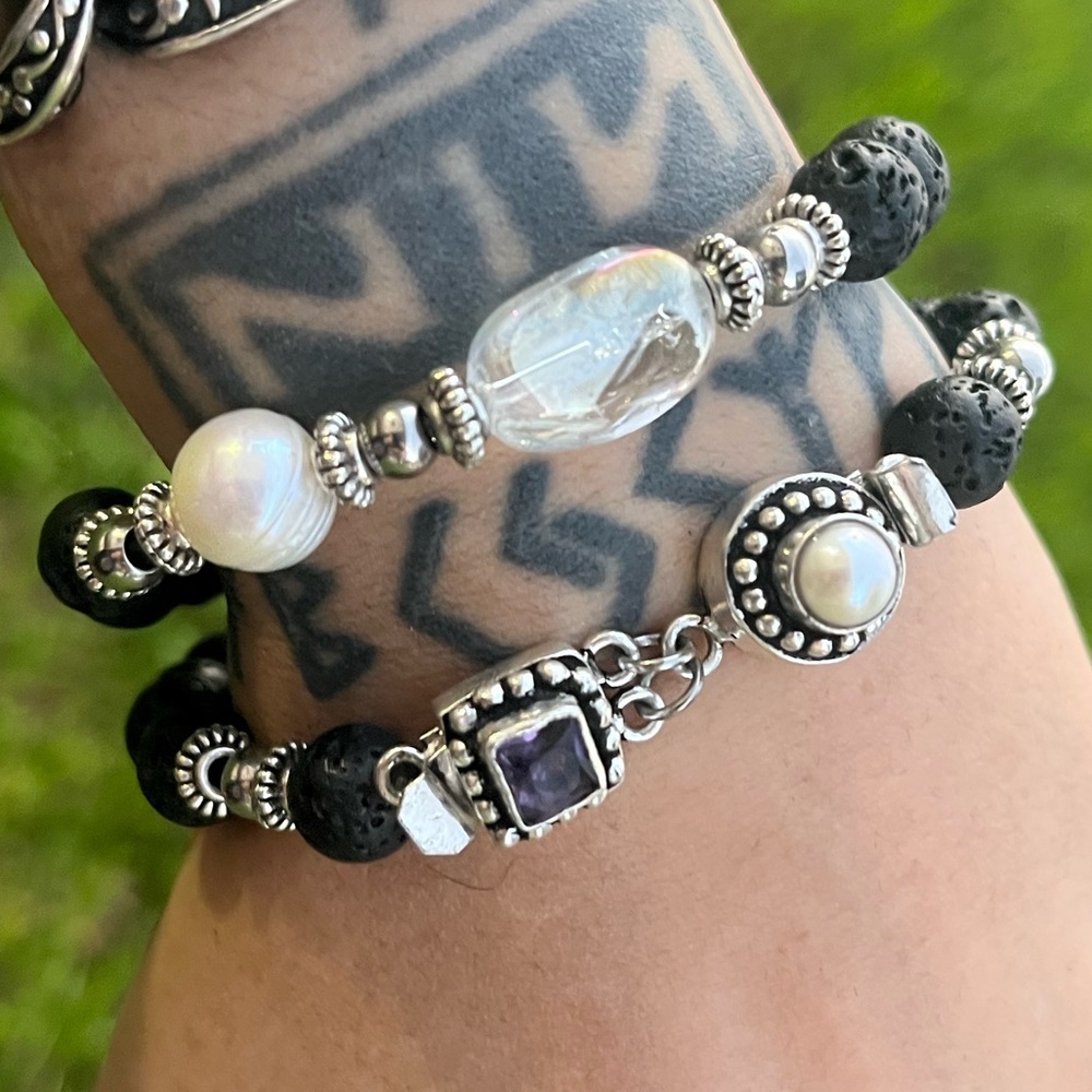 Genuine Gemstones bracelets set amethyst , pearl &  aura crystal + lava rock - Picture 3 of 16
